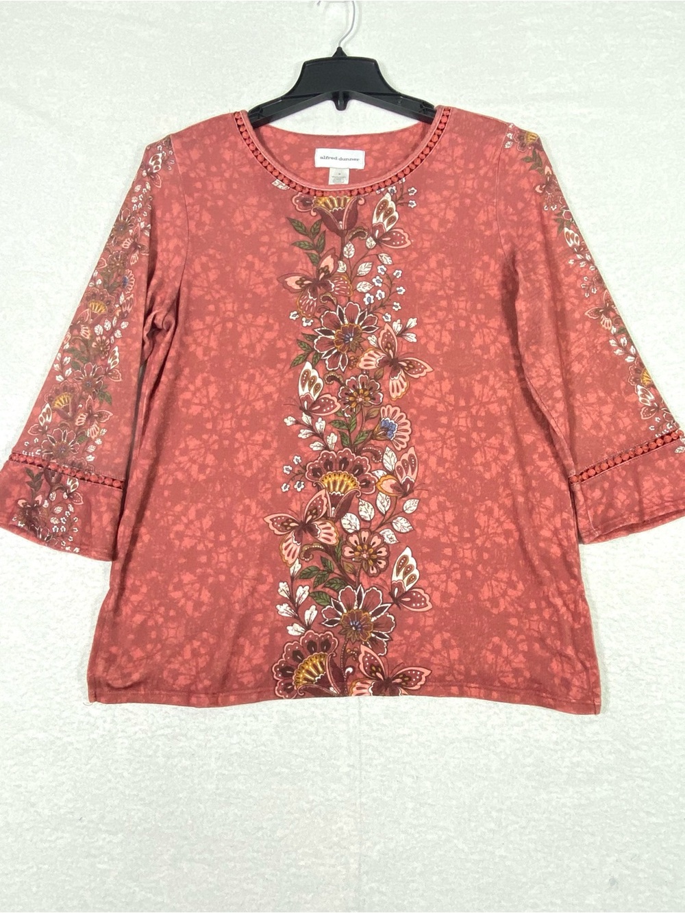 Alfred Dunner Floral Butterfly Motif Top Women's M Rust 3/4 Bell Sleeve Boho